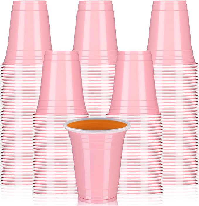 Sabary 100 Pack 12oz Plastic Cups Light Pink Wedding Heavy Duty Drinking Disposable Cups with Lines for Beverage Graduation Holiday Camping Barbecues Birthday Party Summer Outdoor Picnic