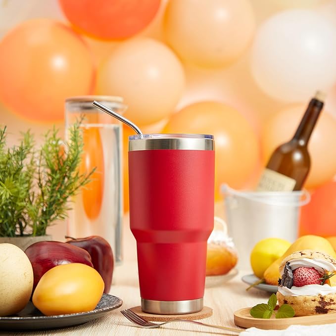 MEWAY 30oz Insulated Tumbler With Lids and Straws,Stainless Steel Double Vacuum Coffee Tumbler Cup, Brush, Durable Powder Coated Coffee Cup for Cold & Hot Drinks, Office, Travel(Coral red,4 PACK)