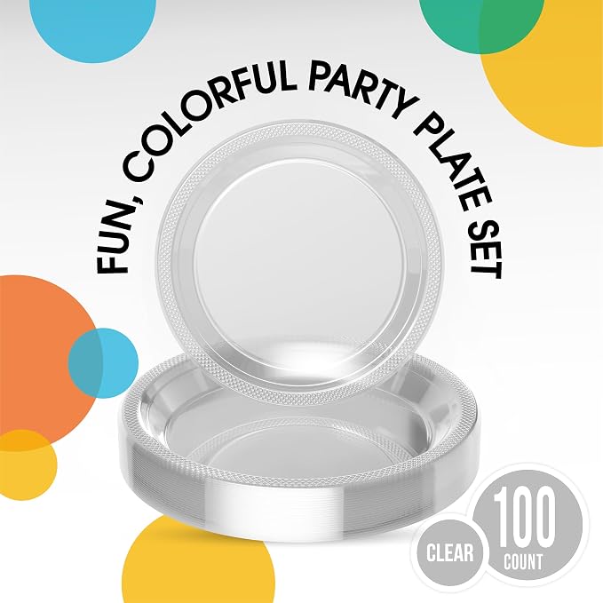 Exquisite Party Solids Clear Plates Disposable Clear Plastic Plates 100 Pieces - 50-7" & 50-9" Heavy Duty 350 GSM Disposable Dinnerware Sets, Plastic Dinnerware Sets