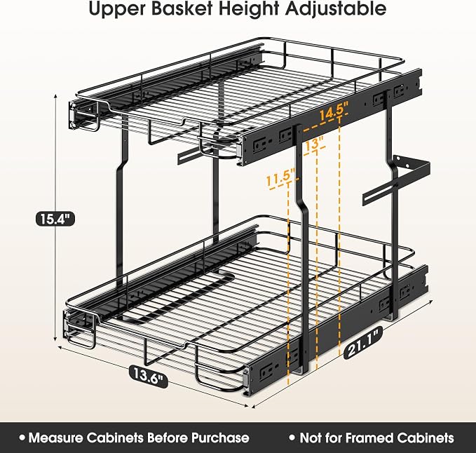 Delamu 14" W X 21" D Pull Out Cabinet Organizer, 2 Tier Heavy Duty Cabinet Shelf Organizers, Cabinet Slide Out Shelves for Kitchen, Pantry and Bathroom, Black Silver