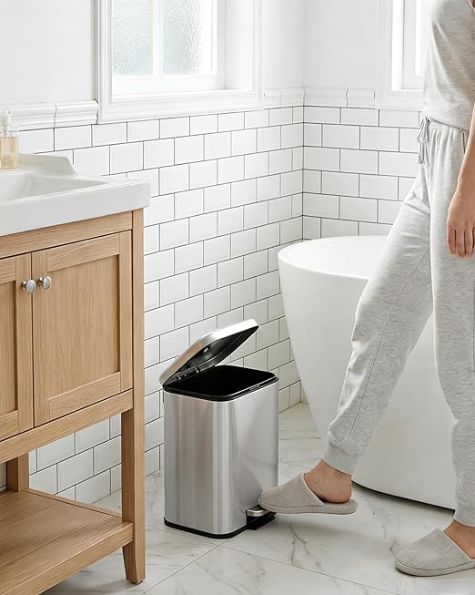 3.2 gal/12L Stainless Steel Kitchen Trash Can, Step-on Recycling Bin with Soft Close Lid, Removable Inner Bucket, Rectangular Wastebasket for Office Living Room, Silver