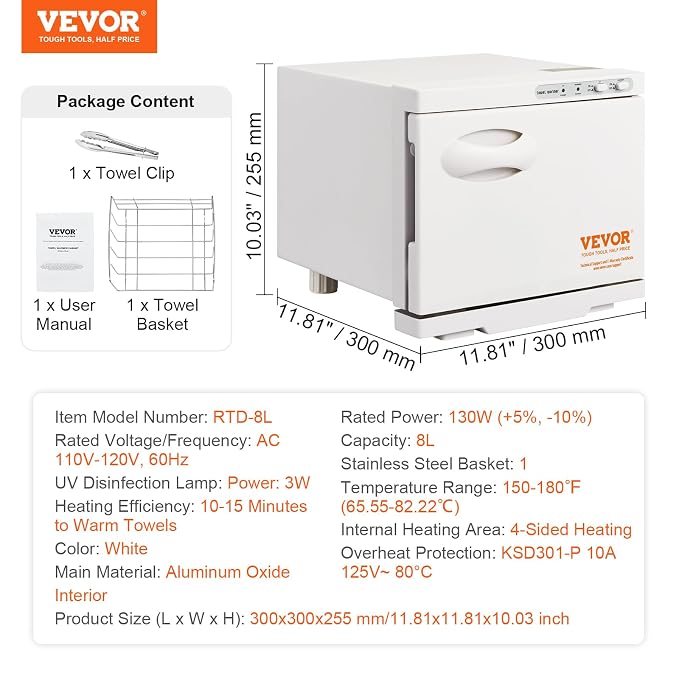 VEVOR Hot Towel Warmer, 8L Small Towel Warmer Cabinet with Clip & Stainless Steel Rack, Holds up 12 Towels, Portable All-Round Heating Cabinet for Spa, Barber, Manicures, Massage, Salon, White