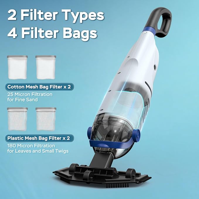 Pool Vacuum for Above Ground Pool with 72.85" Pole, Upgraded 18.5 GPM Powerful Suction Handheld Pool Vacuum, 4 Filter Bags & 1H RunTime Rechargeable Pool Vacuum Cleaner for Above/Inground Pools
