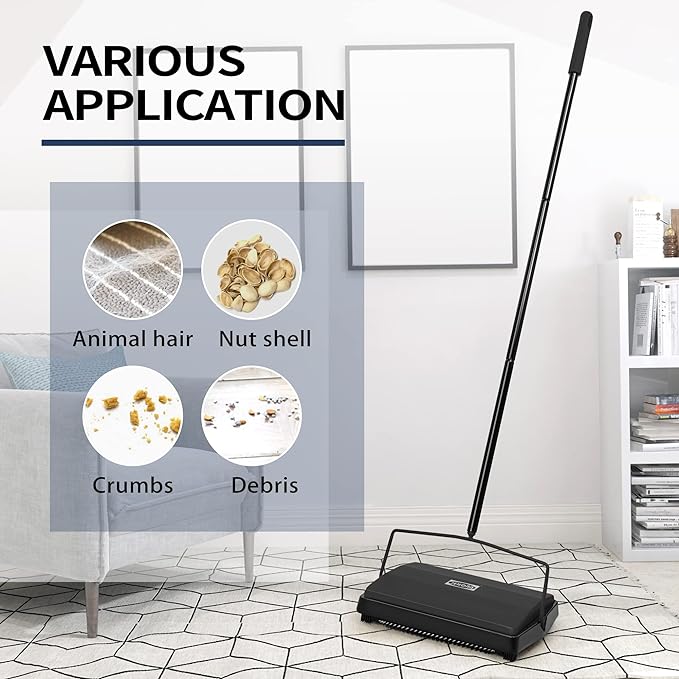 JEHONN Carpet Floor Sweeper Manual with Horsehair, Non Electric Quite Rug Roller Brush Push for Cleaning Pet Hair, Loose Debris, Lint (Black)
