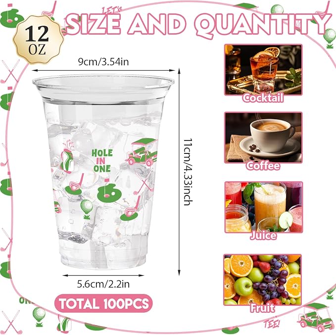 100Pcs Masters Golf Ball Plastic Party Cups, 12oz Pink Green Golf Disposable Clear Cups for Home Sports Party Decorations, Birthday, Holiday Gatherings Favors