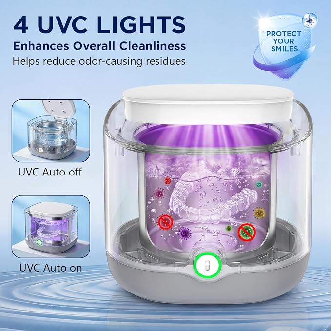 Ultrasonic Retainer Cleaner Machine, 45kHz Rechargeable Cordless Denture Cleaner for Aligners, Night Guards & Mouth Guards, 200ML Dental Cleaning Pod with 3 Cleaning Modes and 6 Cleaning Tablets
