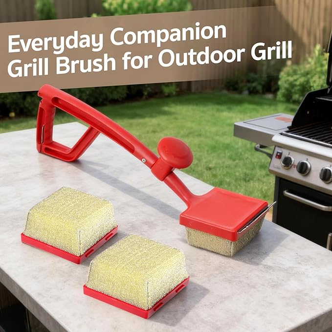 GASPRO Grill Brush Bristle Free for Outdoor Grill, BBQ Cleaning Brush Set with 2 Replacement Heads, Heat-Activated Sponge & Scraper, Ergonomic Handle, Safe for Most Grates, Red
