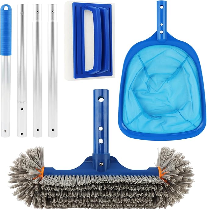 Swimming Pool Cleaning Kit, 12.6 Pool Brush Head, Semi-deep Skimmer Net & Adjustable 76-inch Pole, for Inground & Above Ground Swimming Pools, Removes Debris