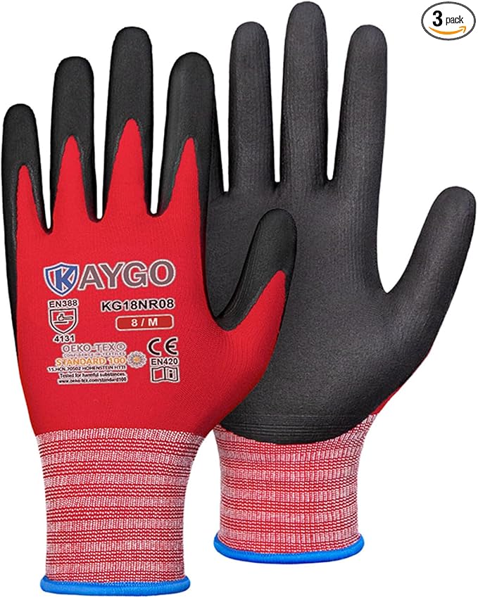 KAYGO Safety Work Gloves MicroFoam Nitrile Coated, 3 Pairs KG18NB,Seamless Knit Nylon Glove for Men and Women, Ideal for Automotive,Warehouse,Construction (Medium,Red)