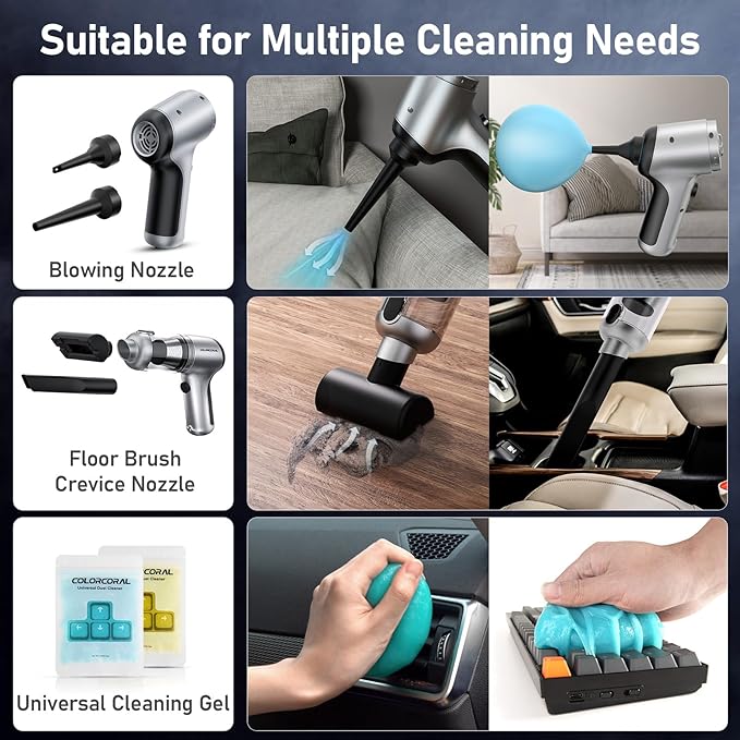 COLORCORAL 4-in-1 Powerful Handheld Vacuum Cleaner 16000Pa Brushless Motor Car Vacuum with Cleaning Gel for PC, Tablet, Phone,Car