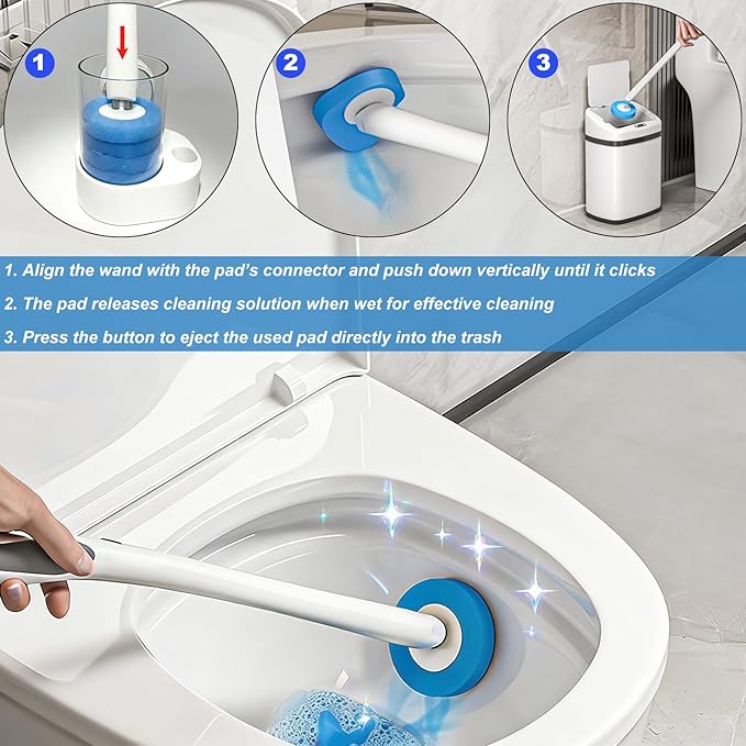 Taiuloo Disposable Toilet Brush, Wall Mounted Toilet Bowl Cleaner Wand & Holder with 32 Refills Scrubbing Pads, Bathroom Toilet Wand Kit Deep Cleaning System