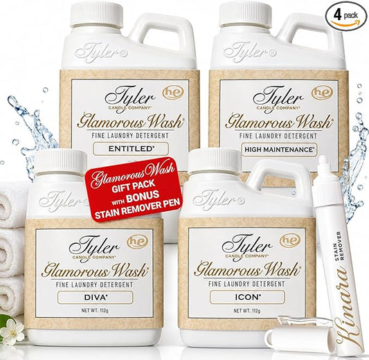 Kinara Tyler Glamorous Wash Liquid Laundry Detergent Gift Pack - Olivi Stain Remover Pen, For Washing Clothes, Linen, Lingerie, Expensive Fabric, Sheets - Pack of 4-4 fl oz each