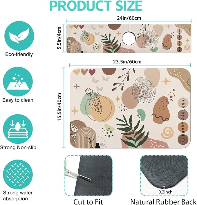 Dish Drying Mat for Kitchen Counter Matt, 2PCS 23"x15" Dish Drainer Mat & 24"x5.5" Sink Splash Guard, Super Absorbent Non-slip Rubber Backed