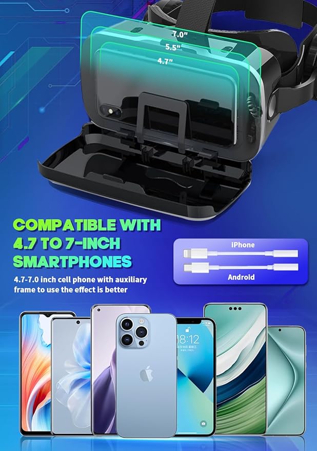 VR Headset with Built-in Headphones, 120° FOV & Aspherical Lenses for Smartphones - Immersive 3D Movies and Gaming Glasses