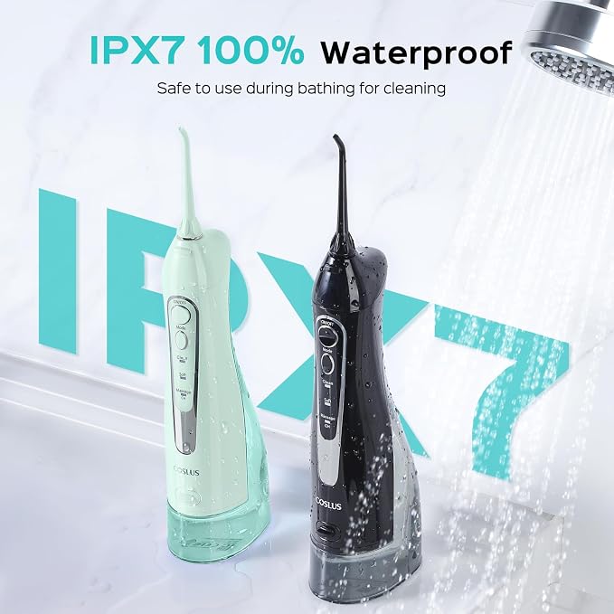 COSLUS ADA Accepted Water Dental Flosser Teeth Pick C20: Portable Cordless Oral Irrigator 300ML Rechargeable Travel Irrigation Cleaner IPX7 Waterproof Electric Flossing Machine, 2PCS, Black & Green