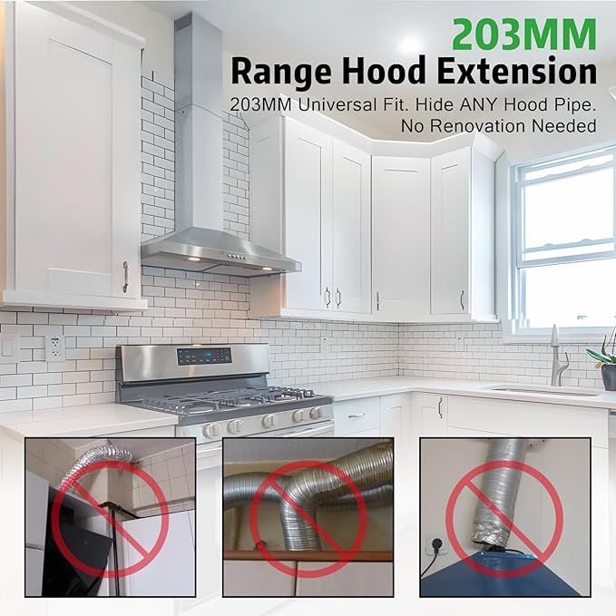 31.5" x 8" x 6.7" Range Hood Chimney Extension, Adjustable Chimney 31.5-63 IN, 203MM Width Stainless Steel Range Hood Chimney Extension, Extend Ventilation Reach, Universal Fit For Most Kitchens