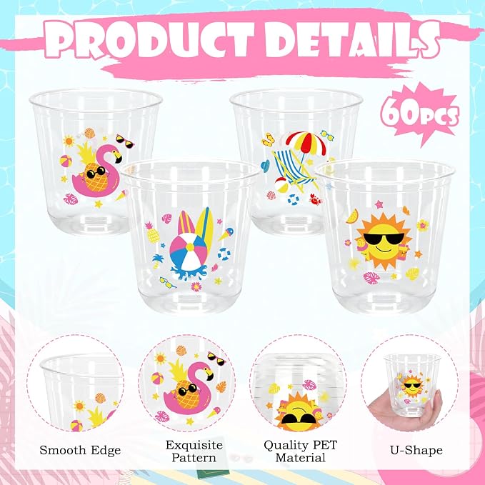 Whaline 60Pcs Pool Party Plastic Cups 12 Oz Disposable Clear Stemless Wine Cocktail Glasses PET Drinkware Cups Set for Summer Beach Hawaiian Luau Birthday Party Supplies
