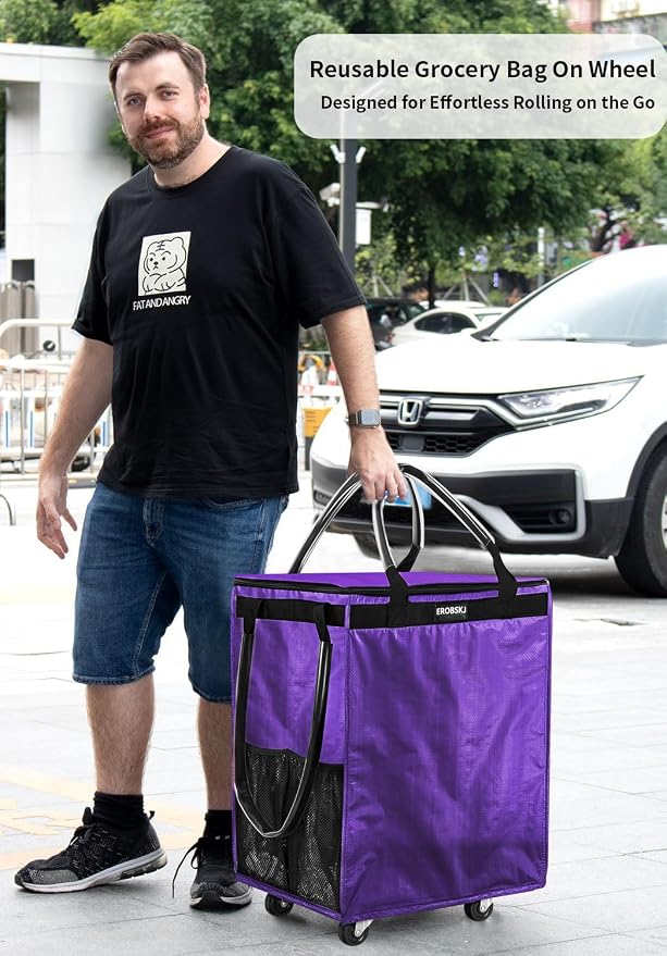 (Medium,Violet) Reusable Grocery Bag on Wheels, 70L Foldable Rolling Tote, Extra Storage for Shopping, Zipper Clouser Shopping Carts for Groceries, Laundry, Camping, Moving, 4 Heavy Duty Wheels