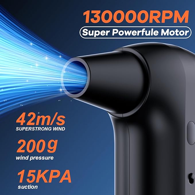 Electric Air Duster 2-in-1 Vacuum Blower, 150W Brushless Motor 130000 RPM, 3 Speed Cordless Rechargeable Cleaner for Keyboard, Electronics, Home, Car