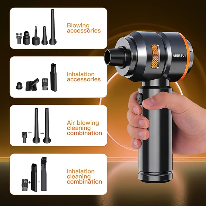 Super-Powered car mini Vacuum Cleaner 80,000RPM, Four-in-one: Blower, Vacuum Cleaner, air Extractor, and Pump. Handheld dust Collector, Handheld dust Blower, Hair Dryer, Cordless (Orange)