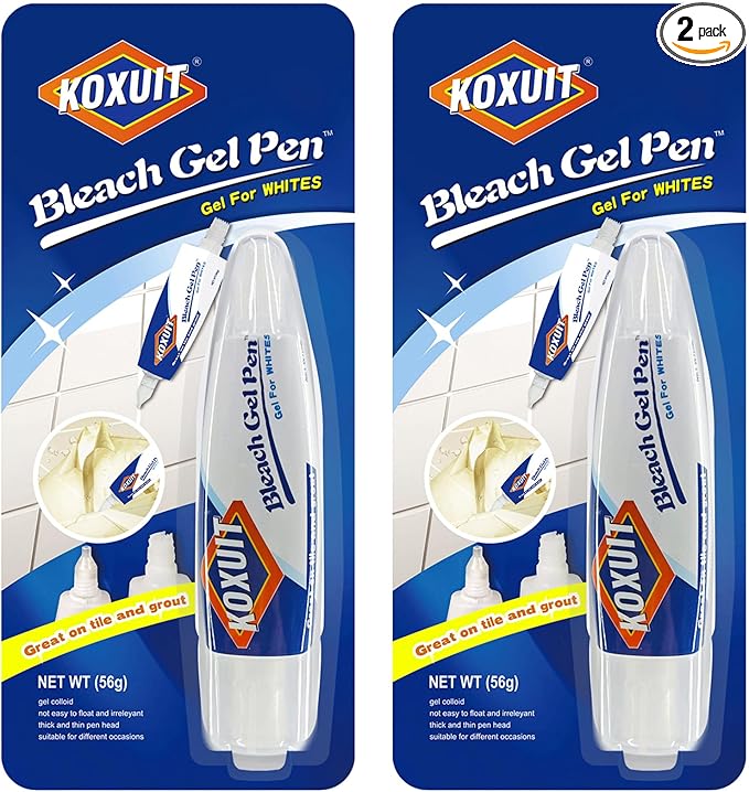 Portable Dual-Tip Bleach Pen for White Clothes & Grout - Travel-Ready 2-in-1 Gel Applicator with Brush Head, Non-Drip Cleaner for Bathroom Lines & On-The-Go Use (Unscented 2 Pack)