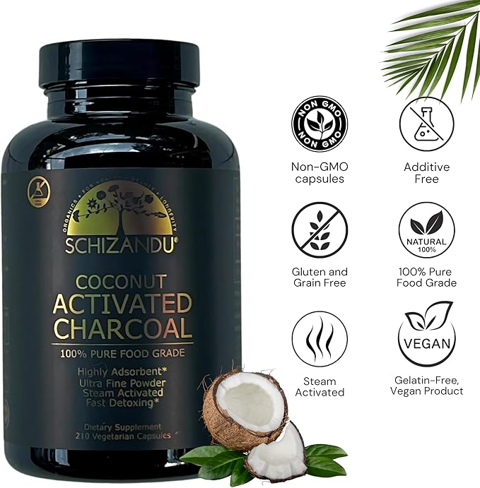 Schizandu Activated Coconut Charcoal Capsules – Vegan, Organic, Non-GMO, No Additives – 210 Count, X-Large Bottle
