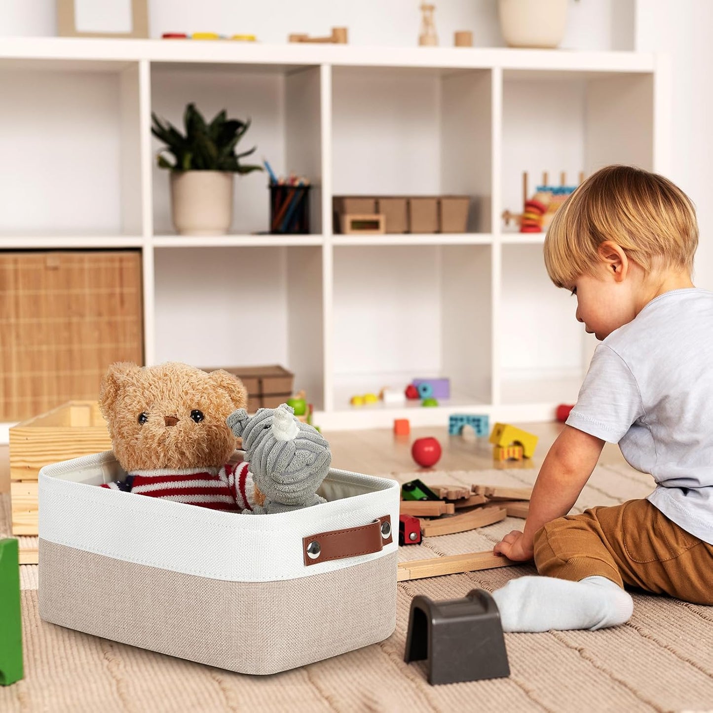 DULLEMELO Collapsible Fabric Storage Bins - Set of 2, 11.8x7.9x5.1 Inch, White & Khaki