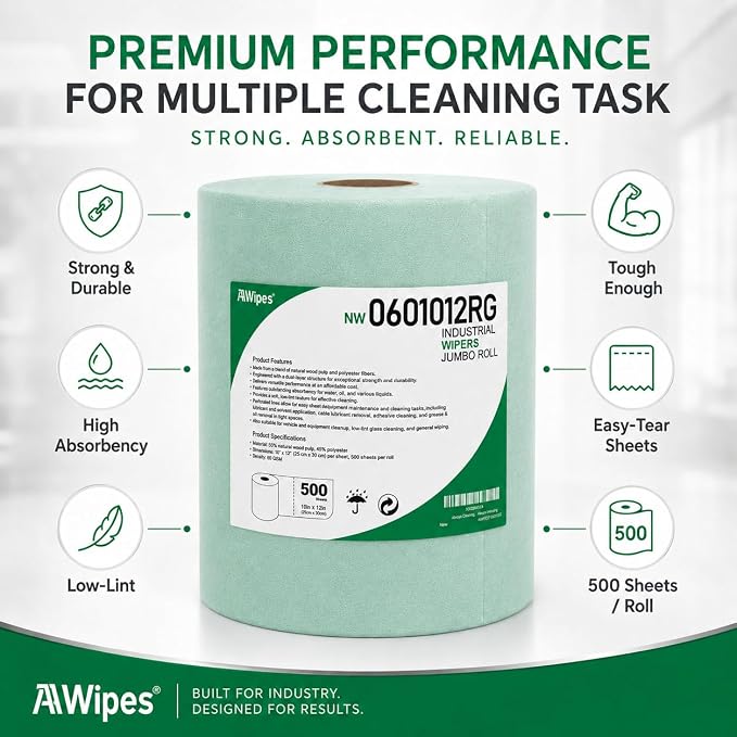 AAwipes Cleanroom Wipes Roll, 10x12" 500 Sheets Green, Cellulose Polyester | Low-Lint, Highly Absorbent, Surface Cleaning, Lab & Industrial Applications