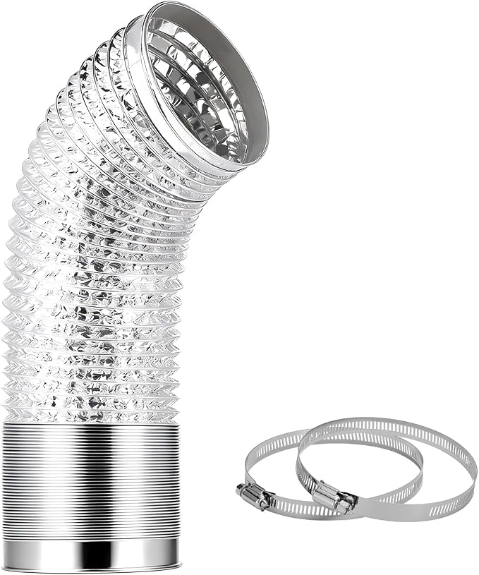 4 Inch 3 FT Flexible Dryer Vent Hose, 6-Ply Aluminum Foil Dryer Vent Kit with 2 Clamps, Silver PVC Exhaust Duct
