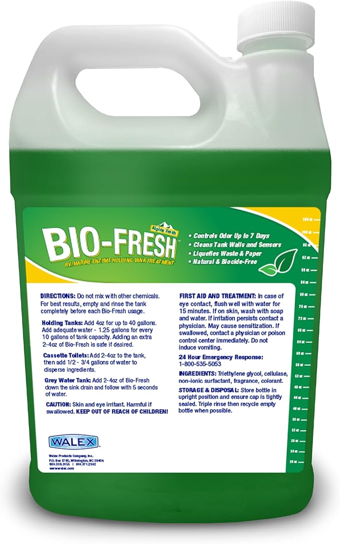 Walex Bio-Fresh Liquid Enzyme Holding Tank Treatment for RV, Camper & Marine - Black Water Tank Deodorizer, Liquifies Waste & Toilet Paper, Septic Tank Safe, Biocide-Free, Alpine Fresh, 1 Gallon