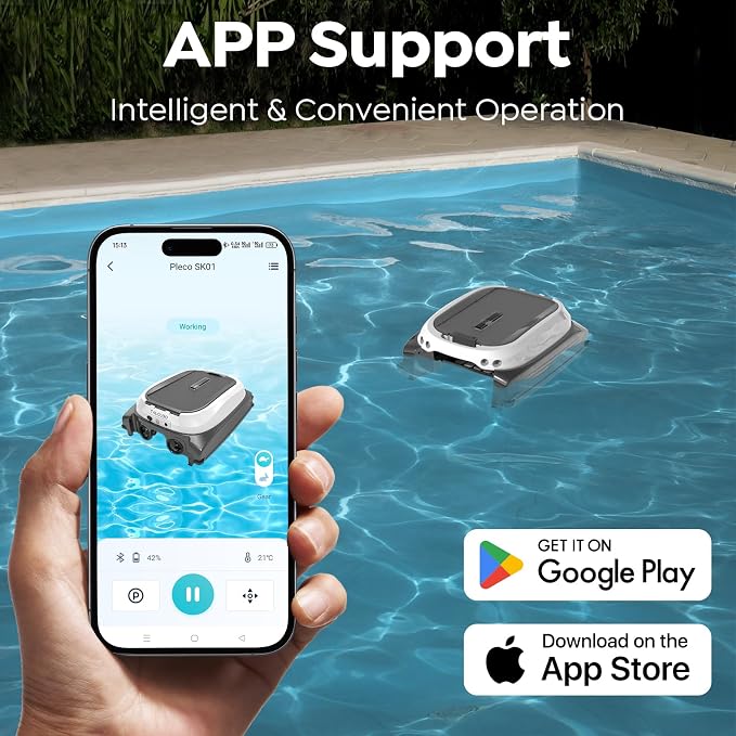 Pleco SK01 Solar Powered Pool Surface Skimmer Robot – APP Controlled, 24/7 Auto Cleaning, Dual Charging, Obstacle Avoidance, Large Filter, Fits Most Pools (Gray White)