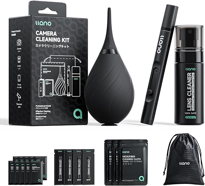 llano 7-in-1 Camera Lens Cleaning Kit with Cleaning Solution 60ml, Swab, Pen, Air Blower, Nano-Fiber Cloth, Wipes, Storage Bag, Multifunctional Cleaning Kit for Computer PC MacBook iPhone Camera