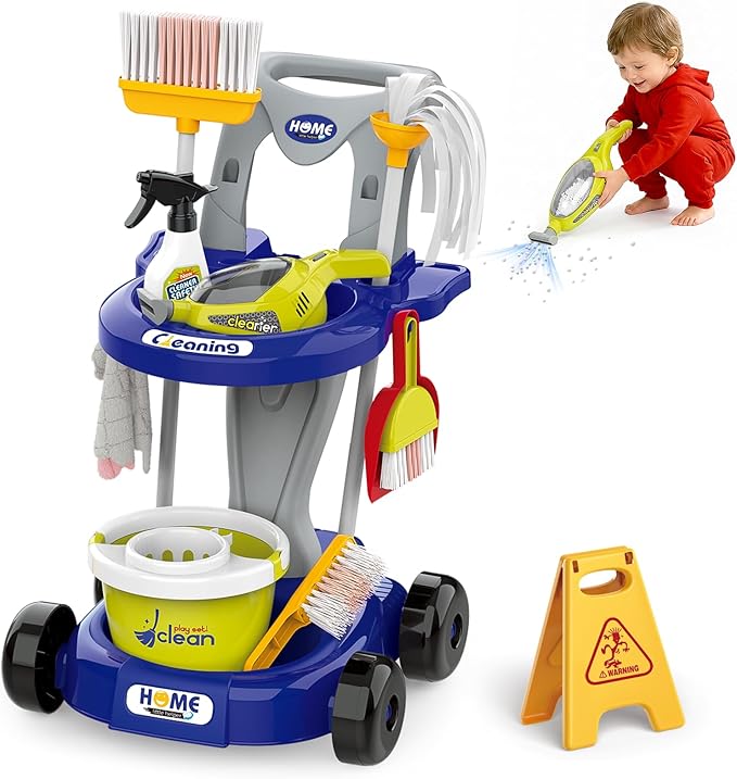 Toddler Cleaning Toy Set, Kids Cleaning Set - Pretend Play Educational Kit with 2-in-1 Toy Vacuum, Mobile Cleaning Cart, Broom & Dustpan, Home Cleaning Toys for Boys Girls (Blue)