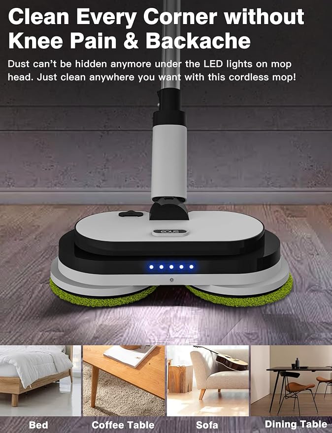 Eous Cordless Electric Mop, Self-Propelled Floor Cleaner with LED Headlight and Water Sprayer, Dual Motor Spin Scrubber, Detachable Battery, 300 ml Tank for Hardwood Tile Laminate Vinyl