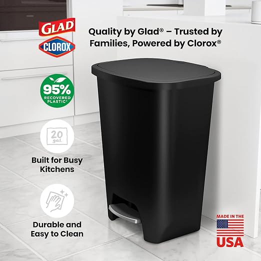 Glad 20 Gallon Trash Can with Clorox Odor Protection | Plastic Kitchen Waste Bin | Hands Free with Step On Foot Pedal and Garbage Bag Rings, Black