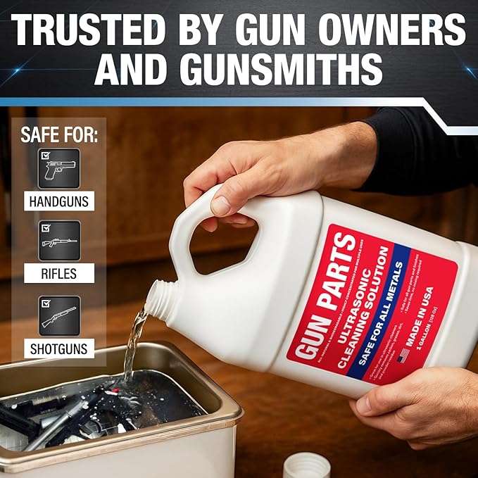 Ultrasonic Gun Cleaning Solution - 1 Gallon/128oz [Made in USA] Concentrated Formula Mixes into 8 Gallons - Firearm Cleaning Fluid for Brass & Gun Parts - for Ultrasonic Cleaner Use