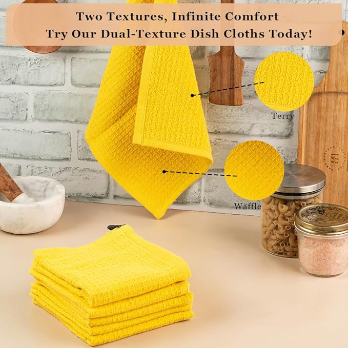 DishCloths Kitchen|Waffle Terry Check Weave Hand Towels|Cotton 12x12 Reusable Dish Rags Washing Scrub Cleaning Dishes|Dish Bar Mop Towels Hand Wipes|Spring Easter Basket Decor|6 Pc -Lemon Yellow