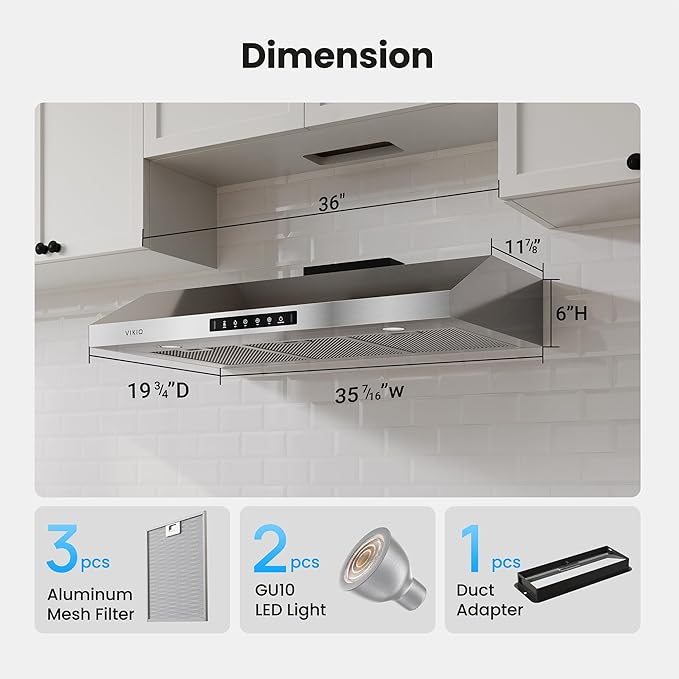 VIKIO HOME 36 Inch Under Cabinet Range Hood 900 CFM, Dual Motor Powerful Kitchen Vent Hood, Gesture & Touch Control, Ultra Quiet DC Motor, Dishwasher-Safe Filters, LED Lights, Stainless Steel