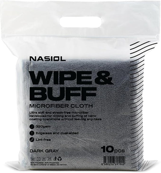 Nasiol Wipe&Buff Microfiber Cleaning and Ceramic Coat Application Cloth – Professional, Highly Absorbent, Lint & Streak-Free, Edgeless Double-Sided Towel – Pack of 10, Dark Gray (13.78 x 15.75 in)