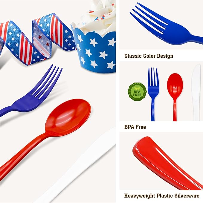 153Pcs Red White and Blue Plastic Silverware, 4th of July Silverware, Red White Blue Utensils Set Includes Spoons, Forks and Knives for 4th of July, World Cup, BBQs & Picnics