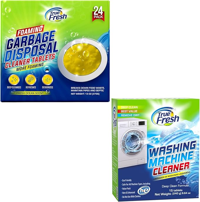 True Fresh 15 Washing Machine Cleaner Tablets & 24 Garbage Disposal Cleaner Tablets, Perfect Combo for sink and washers, Compatible with all washing machines and disposal brands - 12 Month Supply