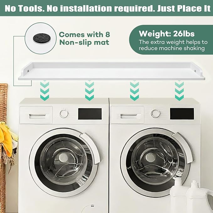 Washer Dryer Countertop, 54 x 27.5 Inch Washer Dryer Topper, Laundry Topper for Washer and Dryer, No Installation MDF Top with Raised Edge, White