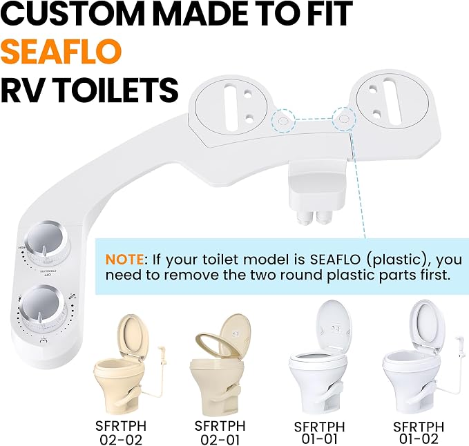 RV Bidet Toilet Seat Attachment, Support for SEAFLO, RV Bidet for Camper Toilet with Dual Nozzles, Self/Rear/Front Cleaning, Non-Electric, Adjustable Water Pressure, Fresh Water