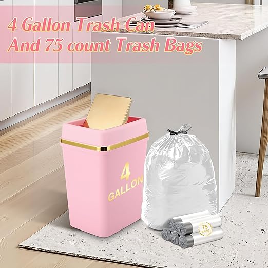 3 Pack Bathroom Trash Can with Lid 4 Gallon Small Trash Can with Swing LidBathroom Garbage Can with 225 Counts Trash Bags for Kitchen Bedroom Office(White Pink Green)
