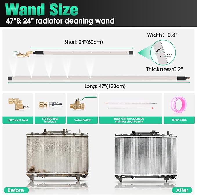47" & 24" Radiator Cleaning Wand, 8-Piece Set- 4500 PSI Stainless Steel Dual Water/Air Radiator Cleaner with Valve Switch, Connector, Cleaning Brush and Sealing Tape for Cars, Trucks, Heavy Equipment