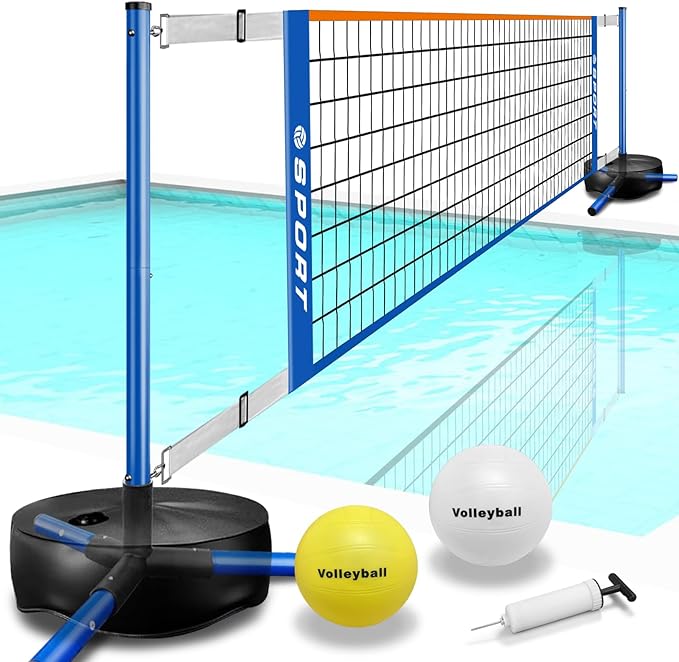 Pool Volleyball Net - Portable Indoor/Outdoor Swimming Pool Volleyball Net System with 2 Water Volleyballs and Heavy Duty Base.Adjustable Length 15-25FT for Pickleball and Tennis Net