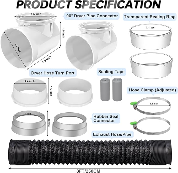 MOPHA 8FT Dryer Vent Hose for Tight Space, 90 Degree Dryer Vent Elbow with Rubber Seal Connectors, Indoor Dryer Hose Vent Kit with 6-Layer Duct, Heat Resistant Dryer Exhaust Flexible Pipe with Adapter