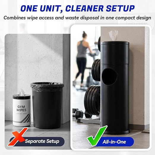 Gym Wipe Dispenser with Trash Can, Stainless Steel Floor Stand for Disinfecting and Fitness Wipes, 1.5 Gallon, Silver