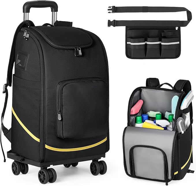 Rolling Cleaning Caddy Bag with Wheels, Large Cleaning Supplies Organizer Backpack with Detachable Trolley and Cleaning Apron for Housekeepers, Home, Hotel & Car Detailing