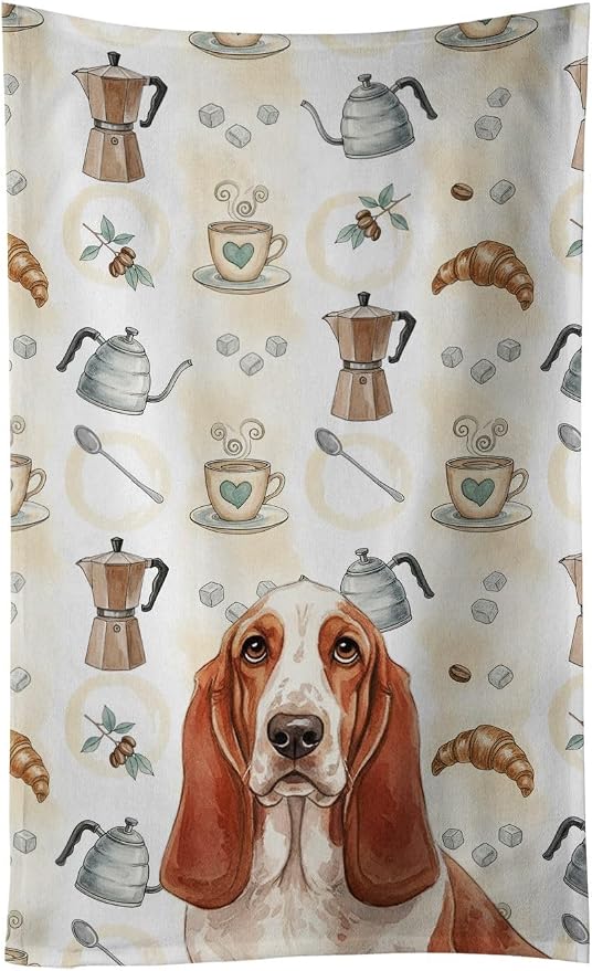 Caroline's Treasures Red and White Basset Hound Coffee Bar Kitchen Towel Velour Plush Front and Cotton Loop Back Machine Washable
